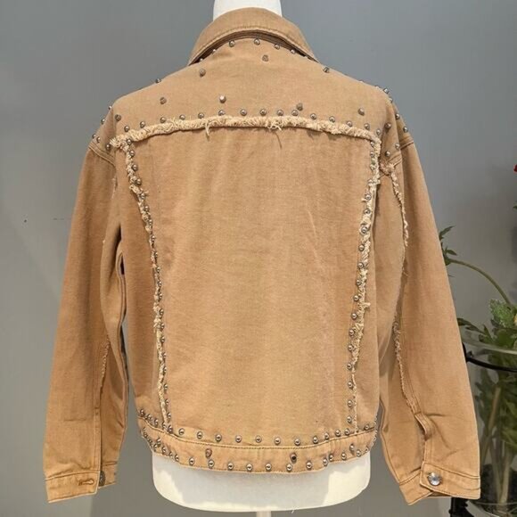 NEW APA Denim Studded Boyfriend Frayed Trucker Oversized Utility Jacket Khaki … - Picture 3 of 11